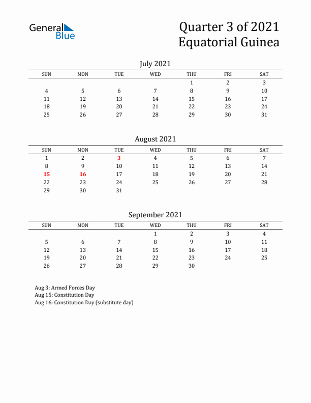 Quarter 3 2021 Equatorial Guinea Quarterly Calendar