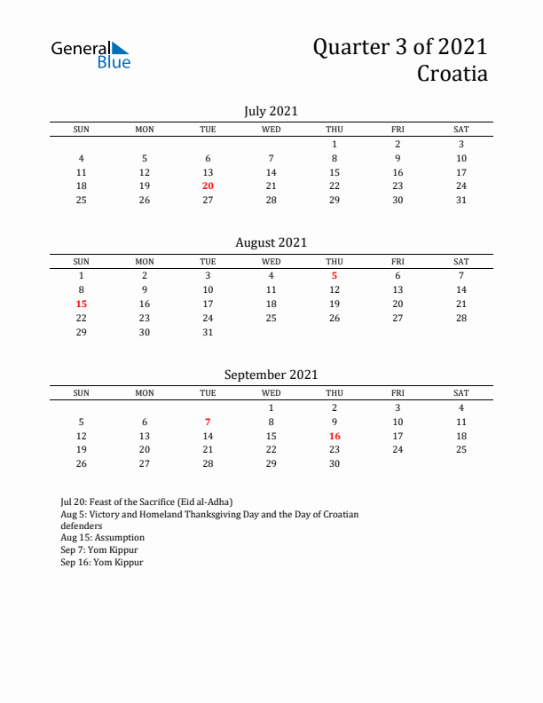 Quarter 3 2021 Croatia Quarterly Calendar