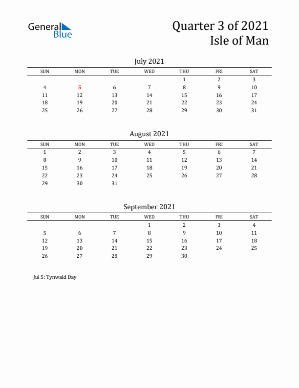 Quarter 3 2021 Isle of Man Quarterly Calendar