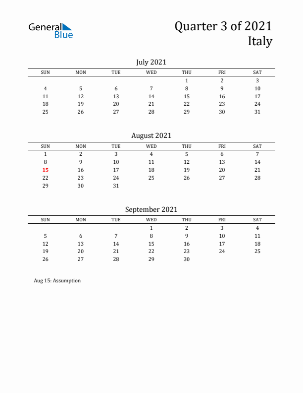 Quarter 3 2021 Italy Quarterly Calendar