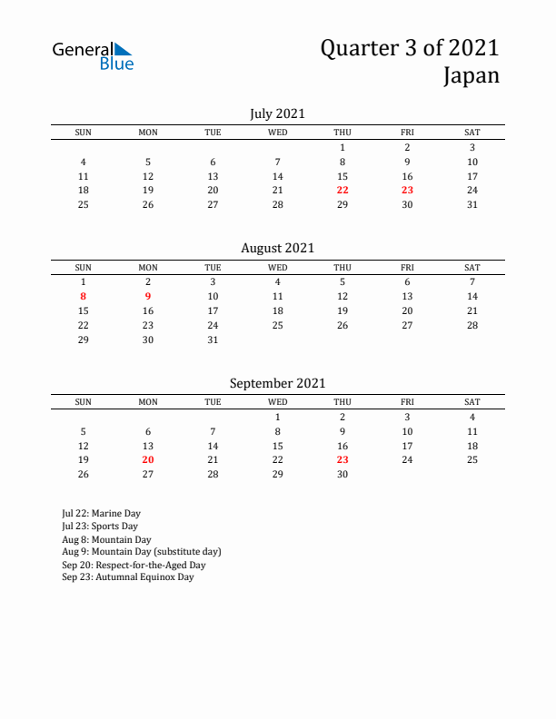 Quarter 3 2021 Japan Quarterly Calendar