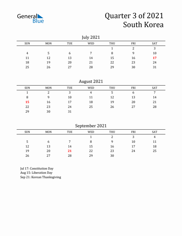 Quarter 3 2021 South Korea Quarterly Calendar