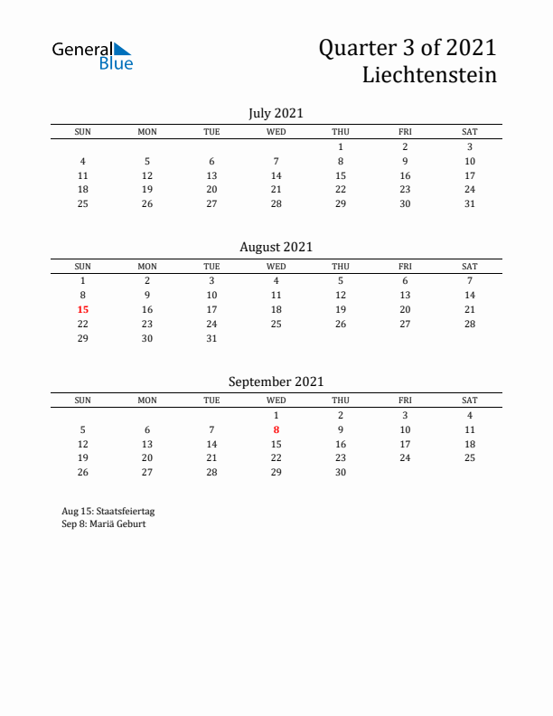 Quarter 3 2021 Liechtenstein Quarterly Calendar