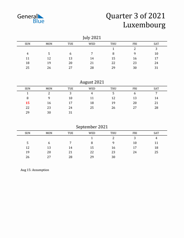 Quarter 3 2021 Luxembourg Quarterly Calendar