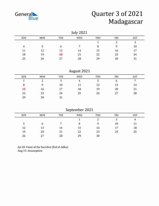 Quarter 3 2021 Madagascar Quarterly Calendar