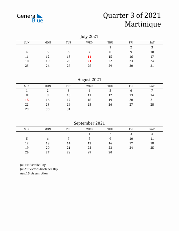 Quarter 3 2021 Martinique Quarterly Calendar