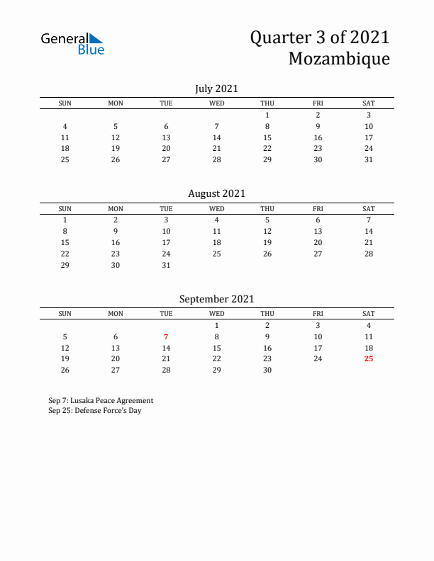 Quarter 3 2021 Mozambique Quarterly Calendar