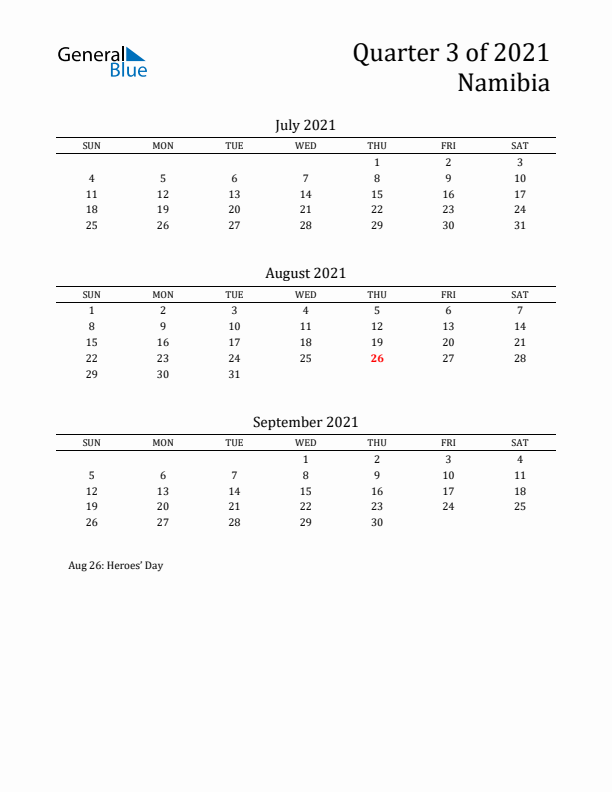 Quarter 3 2021 Namibia Quarterly Calendar