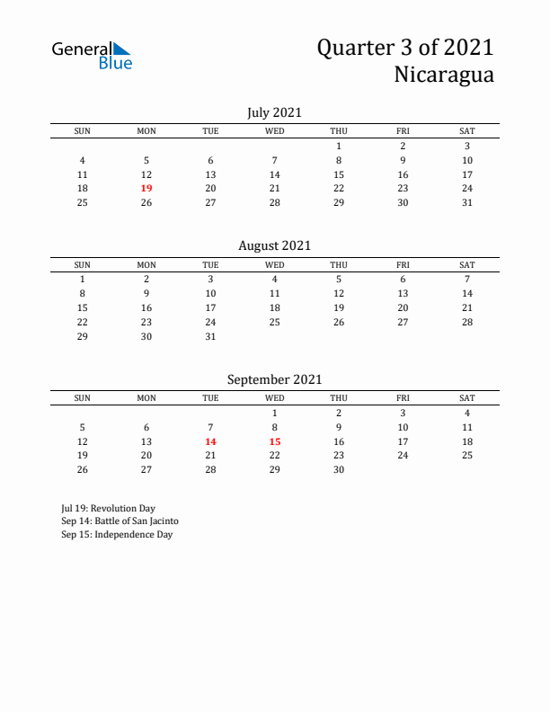 Quarter 3 2021 Nicaragua Quarterly Calendar