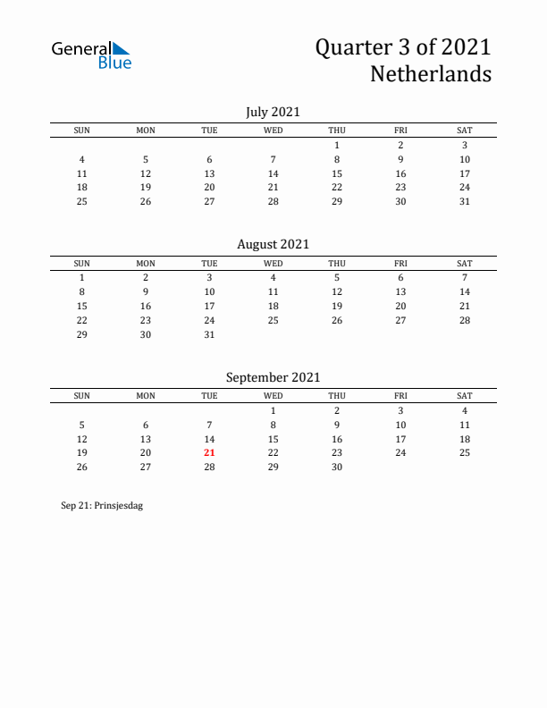 Quarter 3 2021 The Netherlands Quarterly Calendar