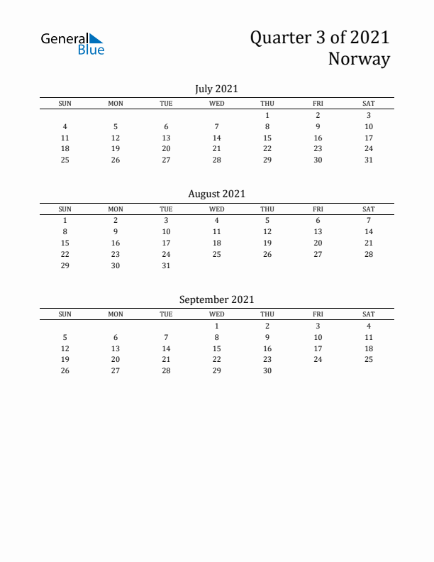 Quarter 3 2021 Norway Quarterly Calendar