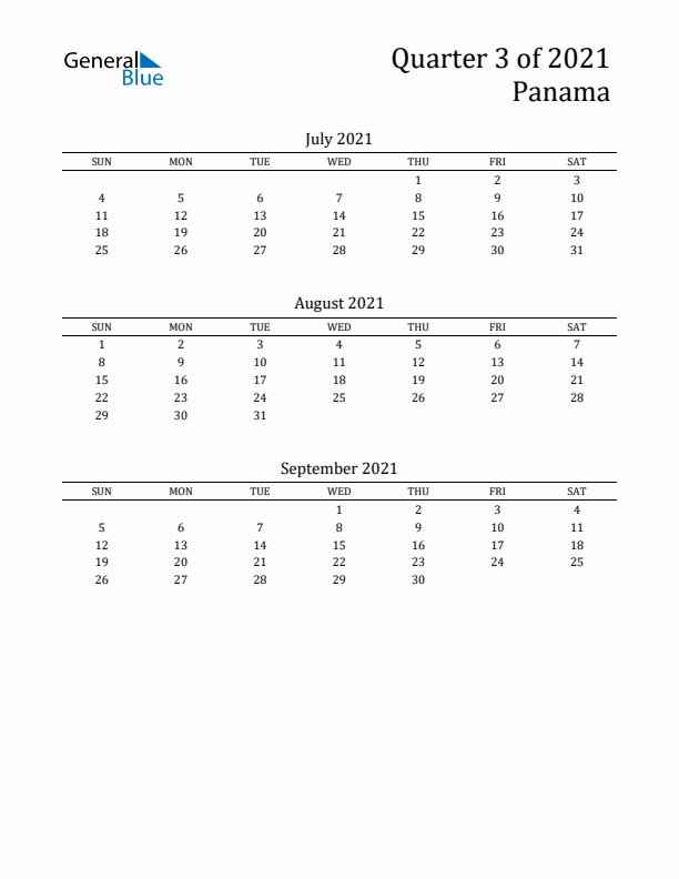 Quarter 3 2021 Panama Quarterly Calendar