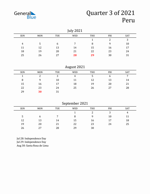 Quarter 3 2021 Peru Quarterly Calendar