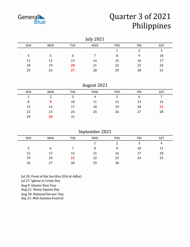 Quarter 3 2021 Philippines Quarterly Calendar