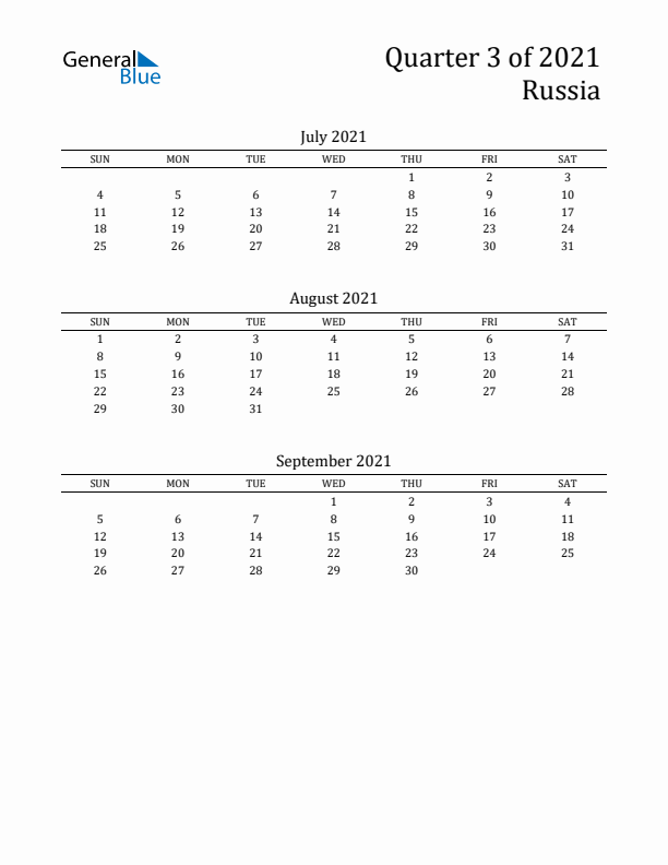 Quarter 3 2021 Russia Quarterly Calendar