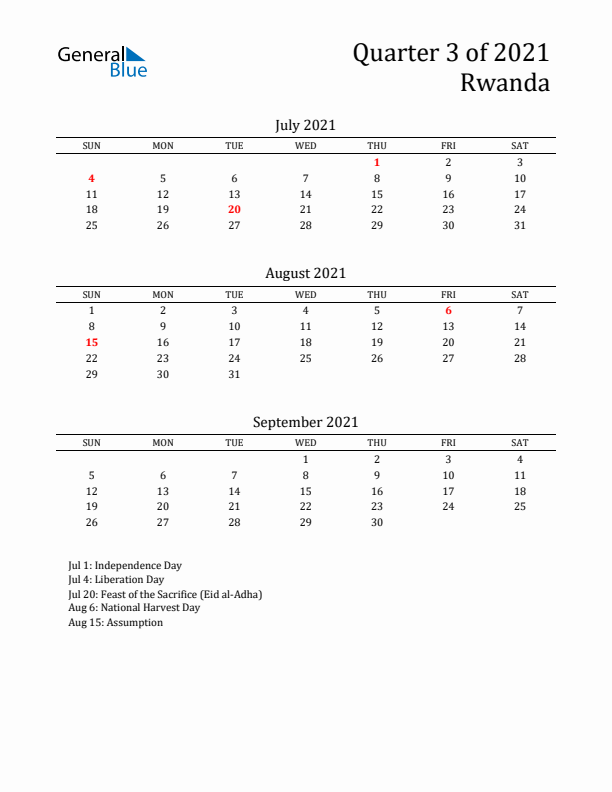 Quarter 3 2021 Rwanda Quarterly Calendar