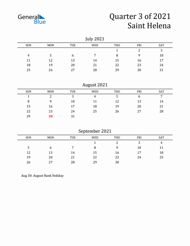 Quarter 3 2021 Saint Helena Quarterly Calendar