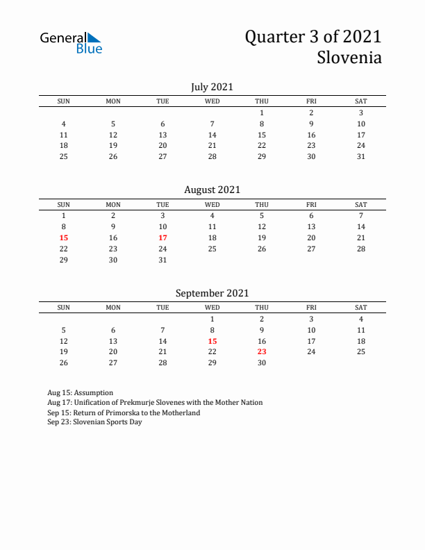 Quarter 3 2021 Slovenia Quarterly Calendar