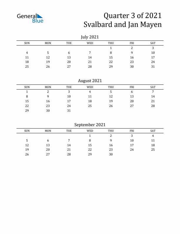 Quarter 3 2021 Svalbard and Jan Mayen Quarterly Calendar