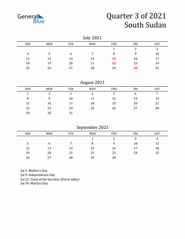 Quarter 3 2021 South Sudan Quarterly Calendar