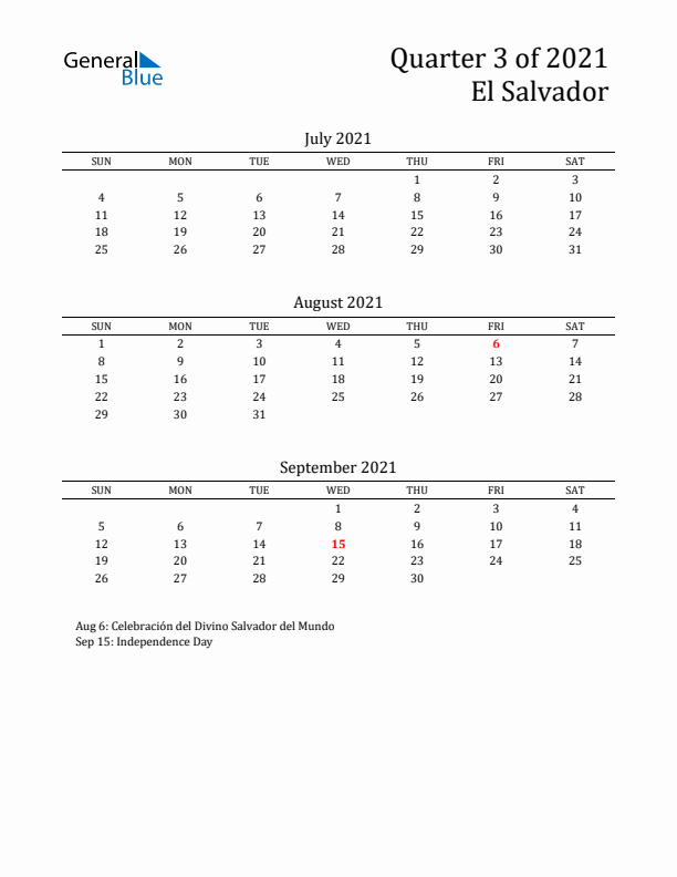 Quarter 3 2021 El Salvador Quarterly Calendar