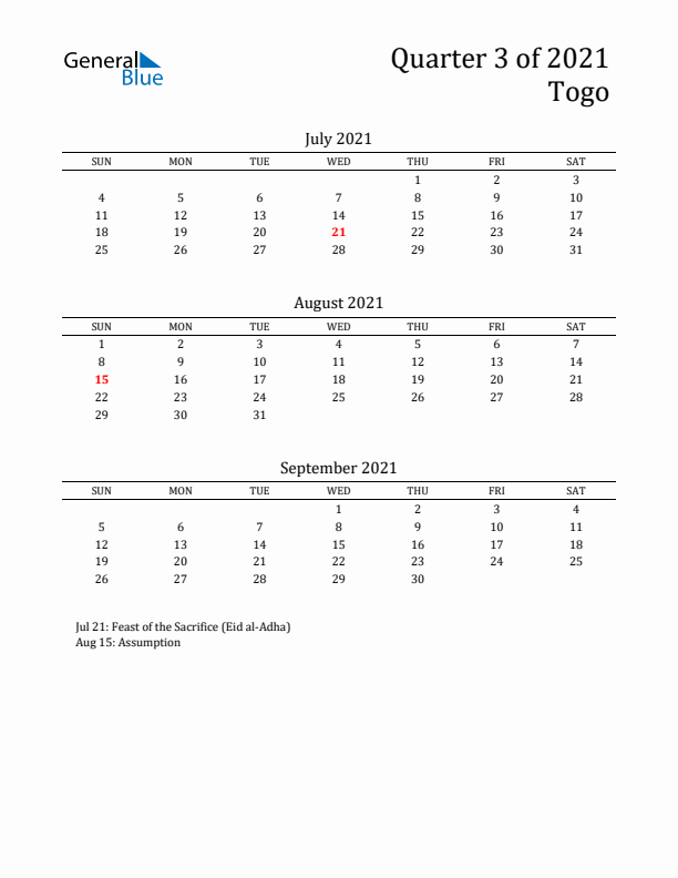 Quarter 3 2021 Togo Quarterly Calendar