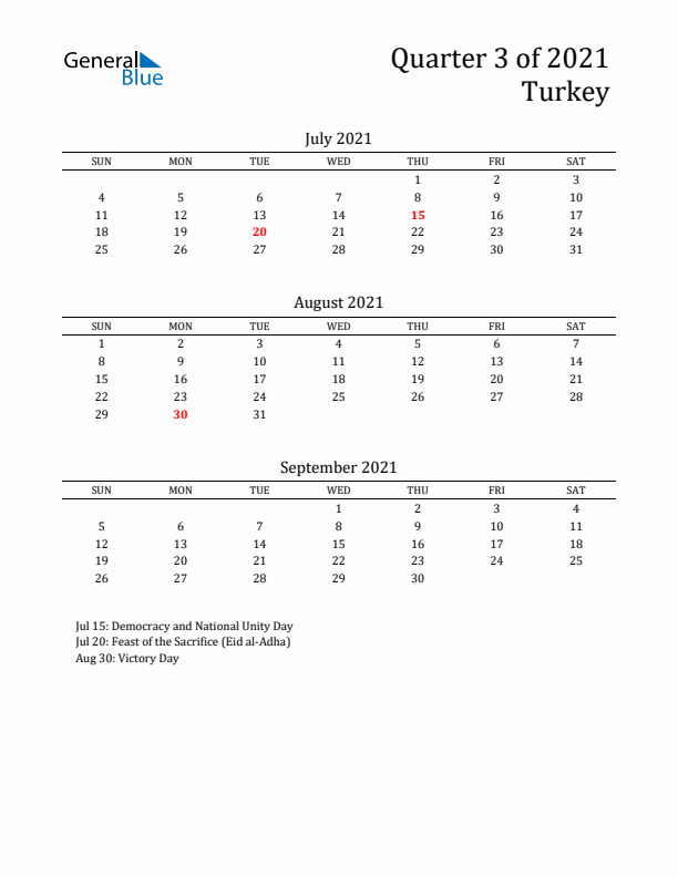 Quarter 3 2021 Turkey Quarterly Calendar