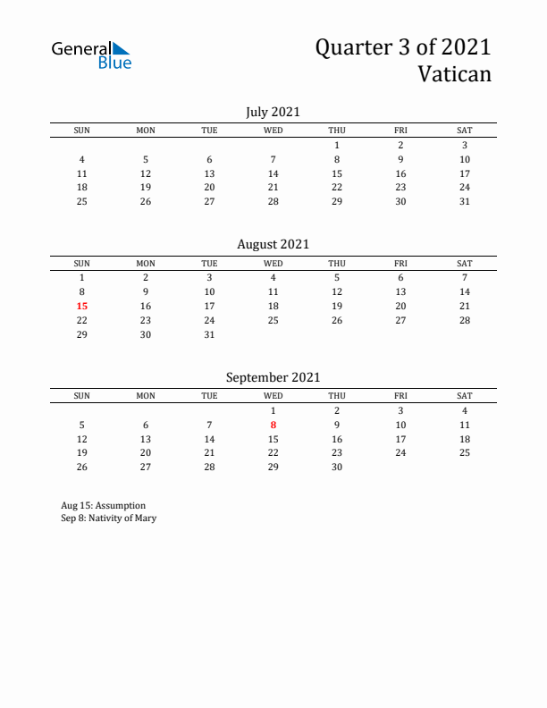 Quarter 3 2021 Vatican Quarterly Calendar