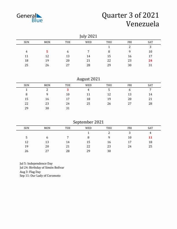 Quarter 3 2021 Venezuela Quarterly Calendar