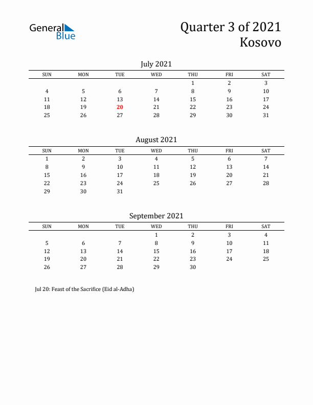 Quarter 3 2021 Kosovo Quarterly Calendar