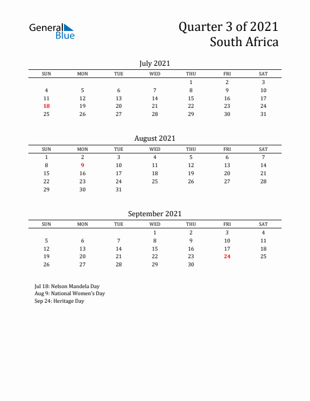 Quarter 3 2021 South Africa Quarterly Calendar