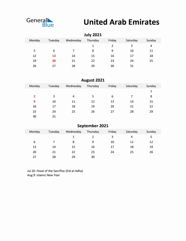 Printable Quarterly Calendar with Notes and United Arab Emirates Holidays- Q3 of 2021