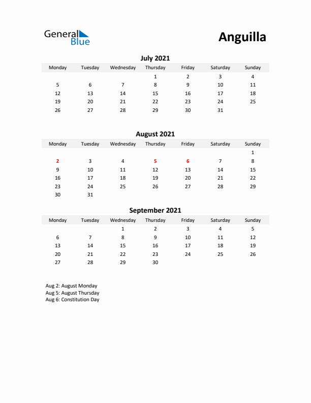 Printable Quarterly Calendar with Notes and Anguilla Holidays- Q3 of 2021