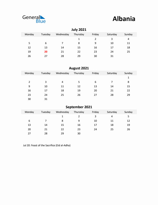 Printable Quarterly Calendar with Notes and Albania Holidays- Q3 of 2021