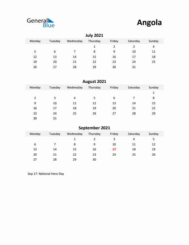 Printable Quarterly Calendar with Notes and Angola Holidays- Q3 of 2021