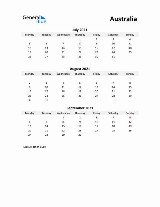 Printable Quarterly Calendar with Notes and Australia Holidays- Q3 of 2021