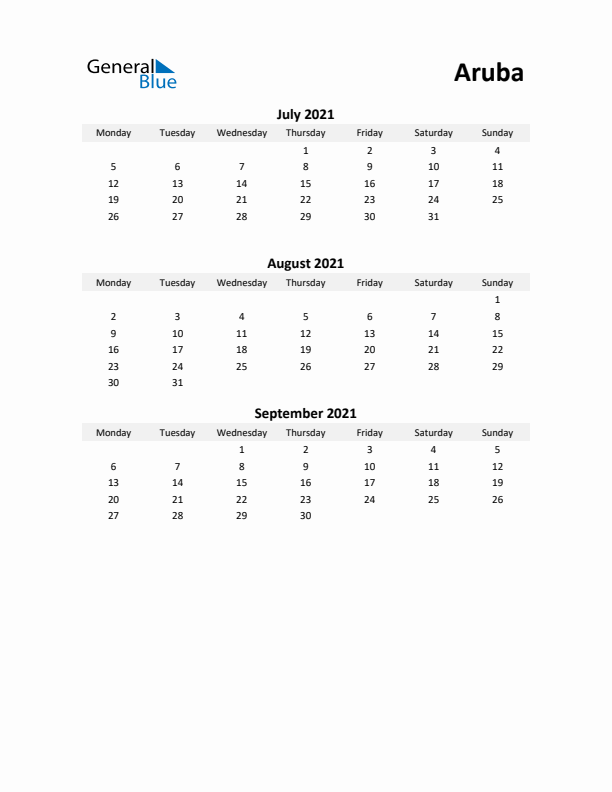 Printable Quarterly Calendar with Notes and Aruba Holidays- Q3 of 2021