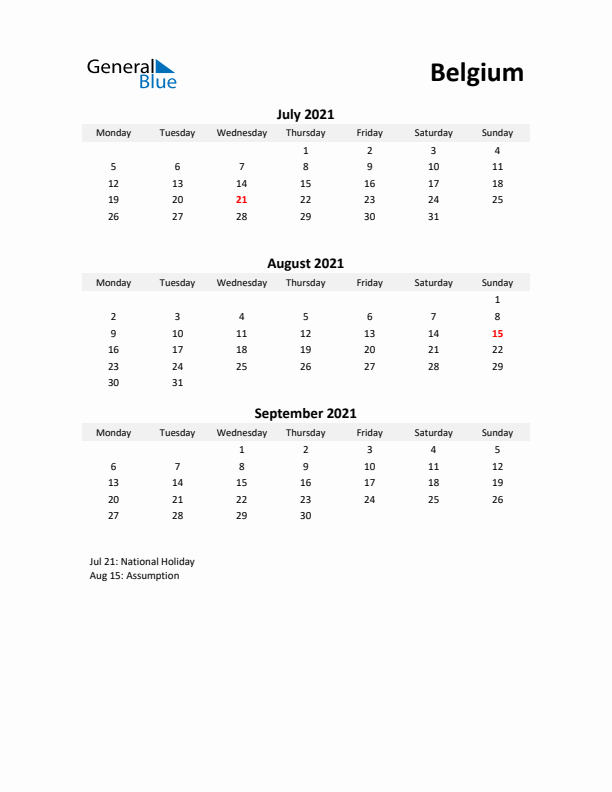 Printable Quarterly Calendar with Notes and Belgium Holidays- Q3 of 2021