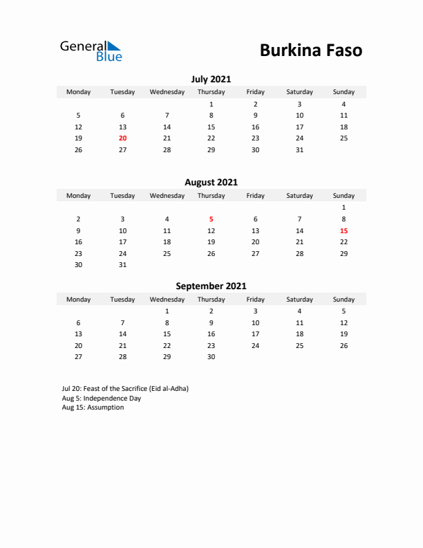 Printable Quarterly Calendar with Notes and Burkina Faso Holidays- Q3 of 2021