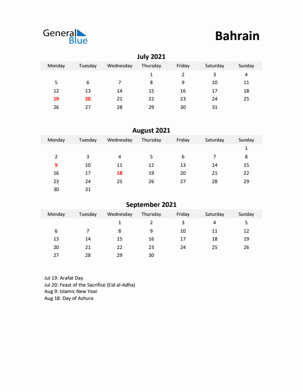 Printable Quarterly Calendar with Notes and Bahrain Holidays- Q3 of 2021