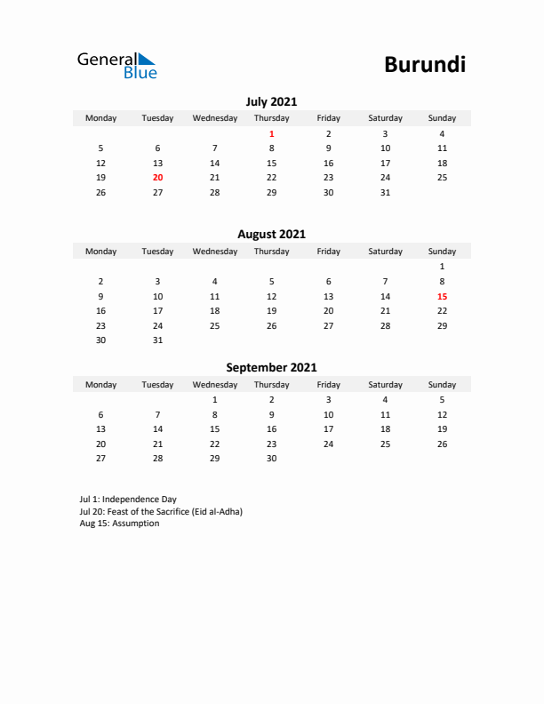 Printable Quarterly Calendar with Notes and Burundi Holidays- Q3 of 2021