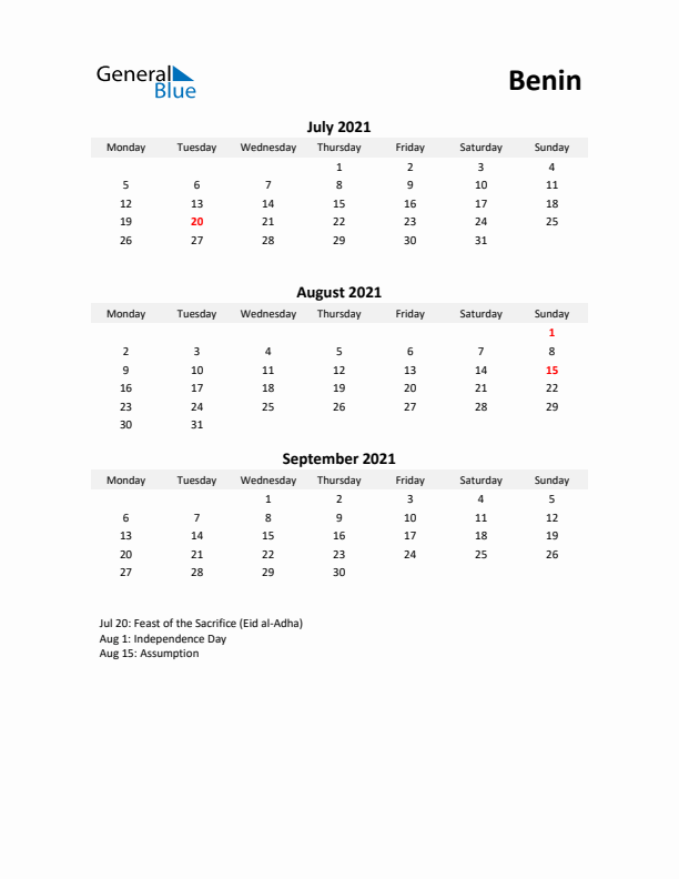 Printable Quarterly Calendar with Notes and Benin Holidays- Q3 of 2021