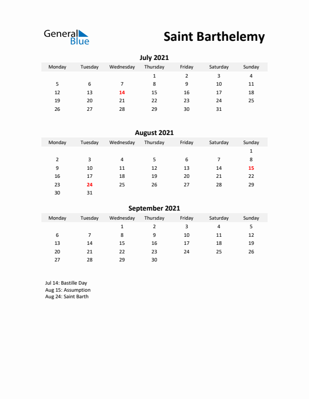 Printable Quarterly Calendar with Notes and Saint Barthelemy Holidays- Q3 of 2021