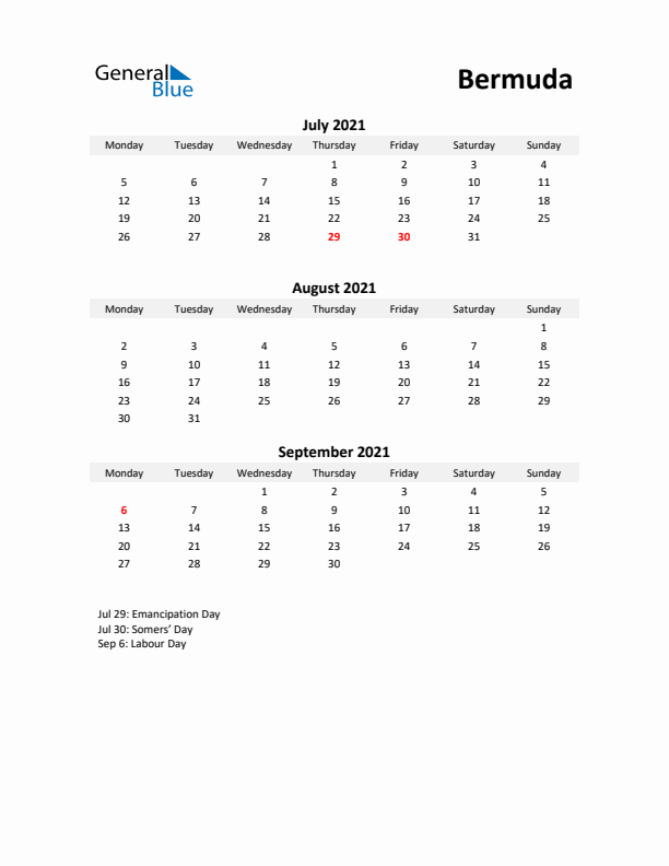 Printable Quarterly Calendar with Notes and Bermuda Holidays- Q3 of 2021