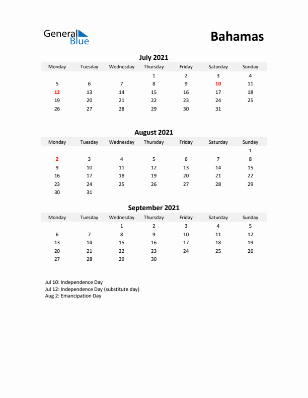 Printable Quarterly Calendar with Notes and Bahamas Holidays- Q3 of 2021