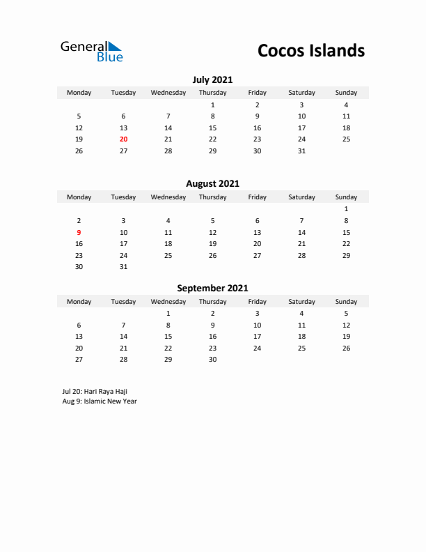 Printable Quarterly Calendar with Notes and Cocos Islands Holidays- Q3 of 2021