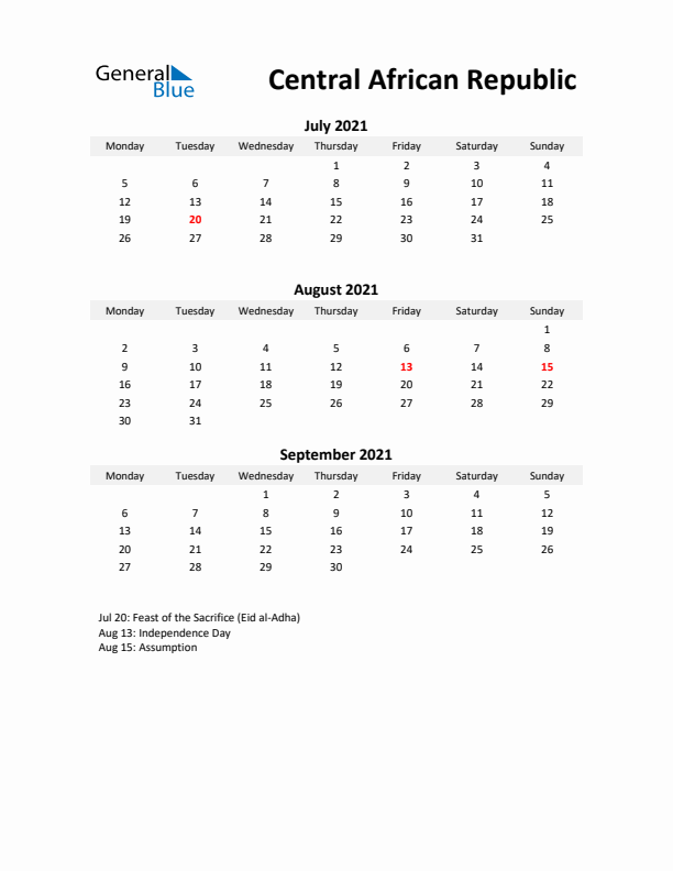 Printable Quarterly Calendar with Notes and Central African Republic Holidays- Q3 of 2021