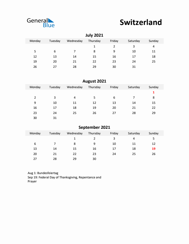 Printable Quarterly Calendar with Notes and Switzerland Holidays- Q3 of 2021