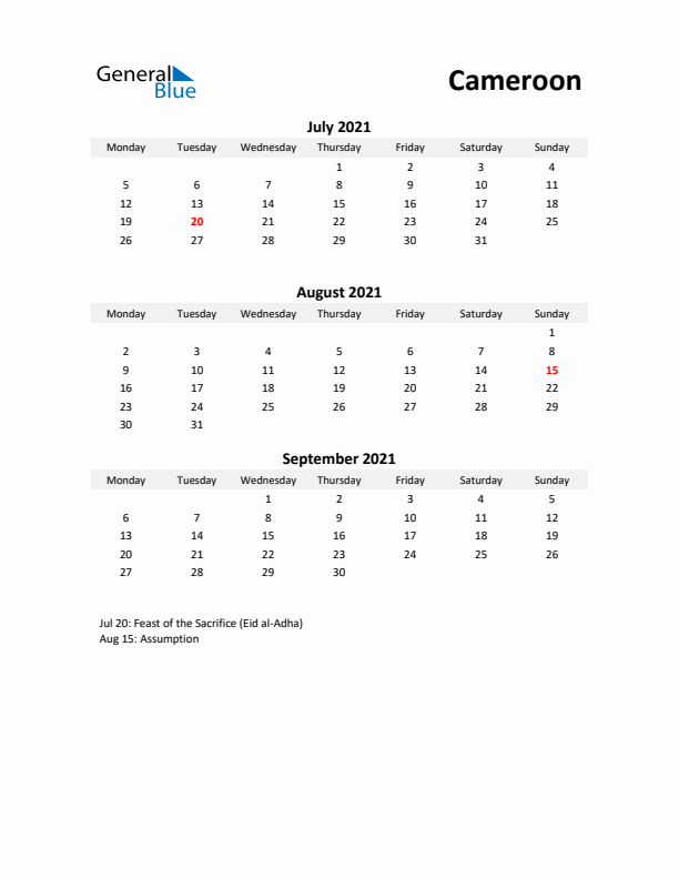 Printable Quarterly Calendar with Notes and Cameroon Holidays- Q3 of 2021