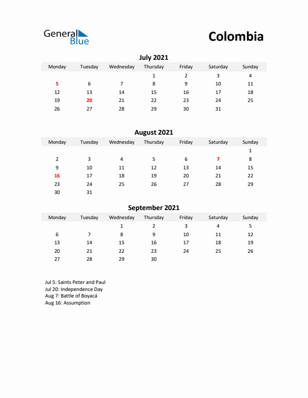 Printable Quarterly Calendar with Notes and Colombia Holidays- Q3 of 2021